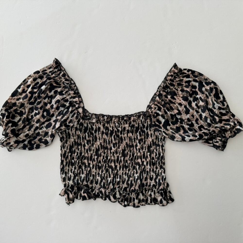 Red Carter Leopard Print Crop Top Puff Sleeve Top Cover Up Size Small Smocked